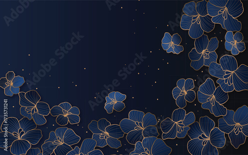 Luxury orchid background design with golden line on dark blue color. Orchid flowers line arts design for wallpaper, banner, prints, invitation and packaging design. 