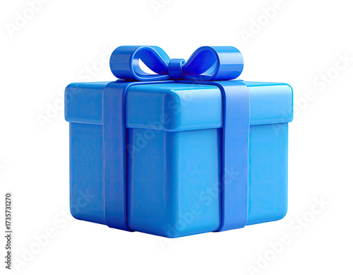 A glossy, bright blue gift box tied with a ribbon and bow, isolated on black