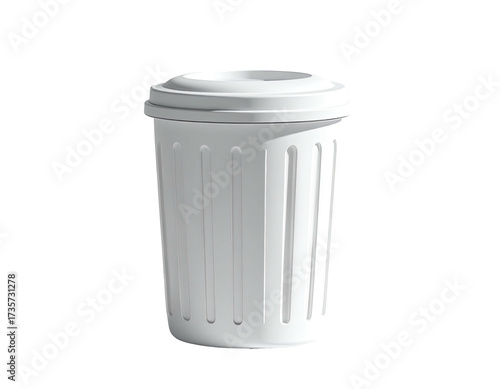 A white, cylindrical trash receptacle with a lid, set against a dark background
