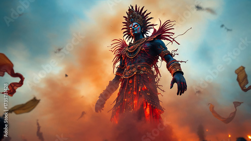 Gigantic effigy of ravana burning during dussehra hindu festival celebrations with orange smoke and colorful flags