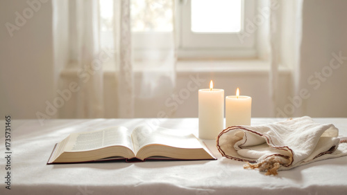 Commemorating yom kippur with lit candles, a prayer shawl, and an open book on a table, symbolizing reflection and atonement