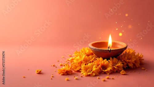 Burning clay diya oil lamp surrounded by orange chrysanthemum flowers on a pink background, celebrating dussehra or diwali festival