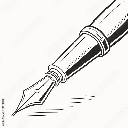 Elegant black and white illustration of a classic fountain pen nib poised to write on a white background