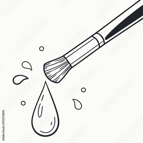 Hand drawn illustration of a makeup brush with a large droplet of liquid falling and small splashes