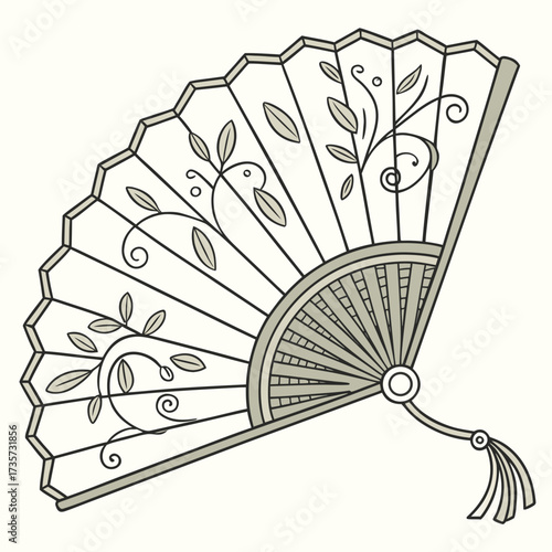 Elegant vintage hand fan with delicate floral vine design and tassel on a light background