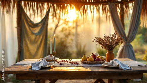 Festive table setting in a sukkah during sukkot holiday at sunset, celebrating the harvest season