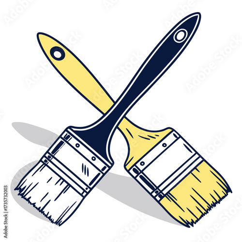 Two crossed paint brushes with yellow handles and dark blue accents on a white background