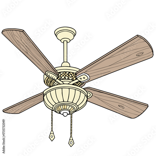Vintage style ceiling fan with wooden blades and decorative light fixture on a white background