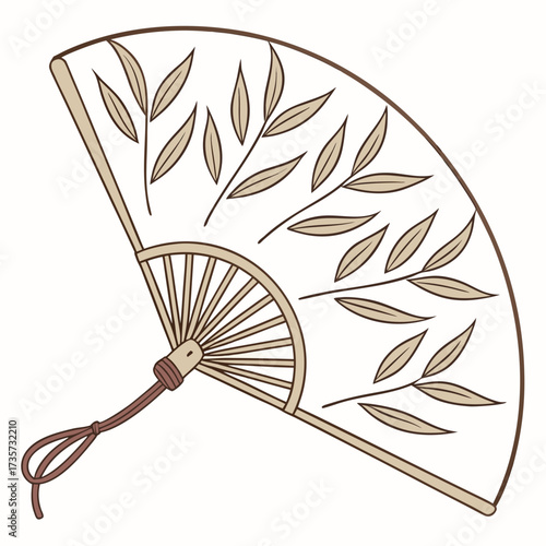 Elegant japanese folding fan with delicate willow branches and a simple brown cord accent
