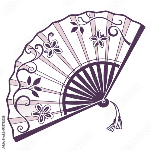Elegant purple and pink floral patterned folding fan with tassels on a white background