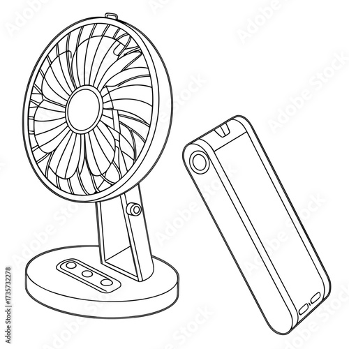 Line art illustration of a portable desk fan and a power bank on a white background