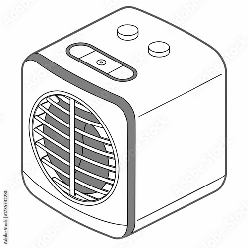 Isometric line drawing of a compact personal air cooler fan with control buttons on top