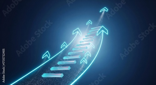 Abstract digital stairway to success with glowing blue light and upward arrows