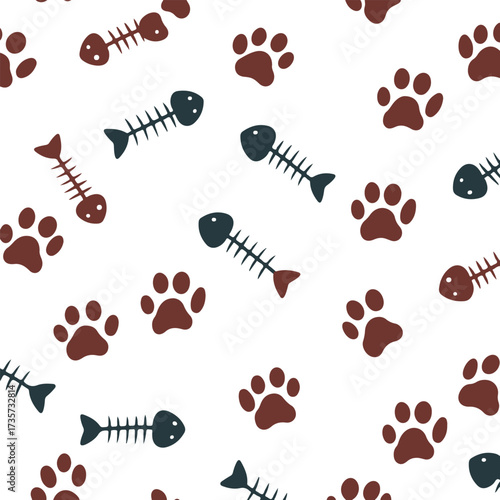 Cat toy, fooprint pattern seamless. Hand drawn sketch doodle kitty cute element on white background. Fish bone, footprint, cat toy element. Pet veterinary pattern. Vector illustration.