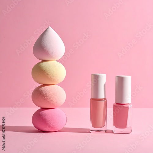 Pastel makeup sponges and nail polish on a pink backdrop