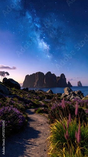 Night sky, flowers, island cliff, path, sea