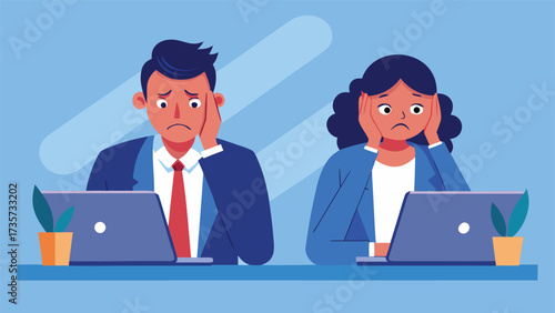 Cartoon of a man and woman at a desk, both with their heads in their hands, expressing frustration or stress..eps