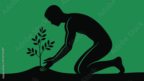 Go Green concept with silhouette of person planting tree seedling for environmental causes and sustainable future in lush green landscape