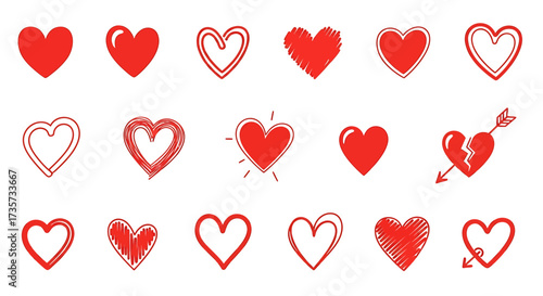 Collection of red heart illustrations in various styles, for Valentine's Day or love themes.