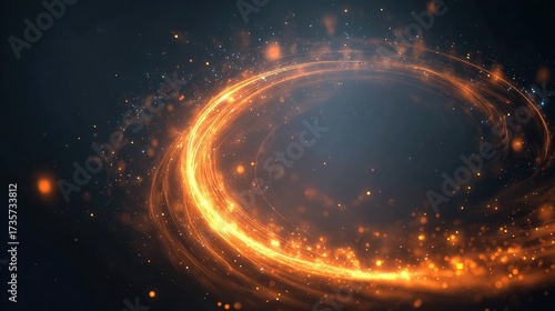 Bright orange swirling energy vortex with particles in dark space. Warm glow