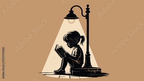 Enchanting scene of a young girl absorbed in a captivating book under the warm glow of a vintage street lamp, perfect for back to school themes