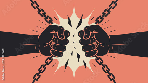 Bold illustration of hands breaking chains, symbolizing freedom, liberation, and overcoming challenges with strength and determination for a brighter future