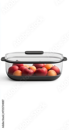 Fruit in clear glass container, black base, gray lid