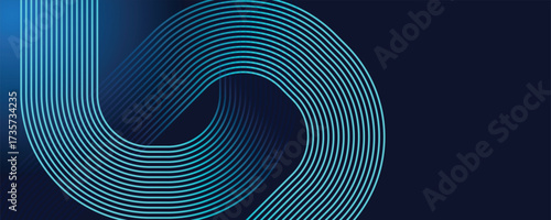 Dark abstract background with blue glowing circle lines. Geometric stripe line art design. Modern shiny blue lines. Futuristic technology concept.