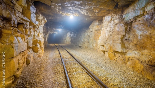 Ancient mine tunnel with tracks