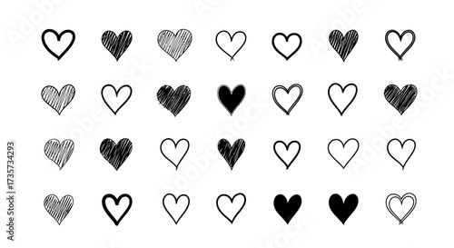Collection of various heart shapes, including outlines, filled, and shaded designs, arranged in a grid pattern.