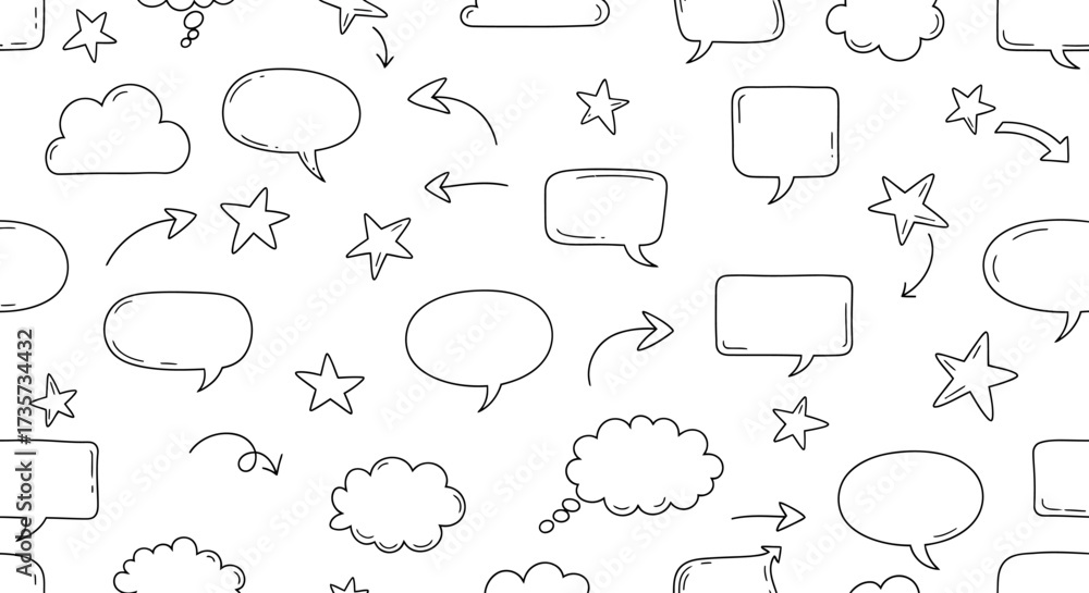 Fototapeta premium Black and white doodle pattern featuring speech bubbles, stars, arrows, and clouds on a white background.