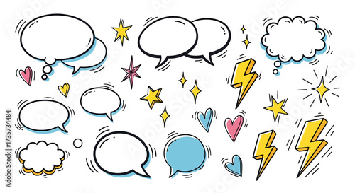 A collection of hand-drawn comic book style speech bubbles, stars, hearts, and lightning bolts.