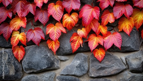 Autumn leaves clinging to a stone wall