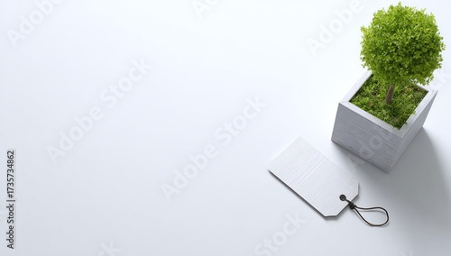 A small, potted tree sits atop a light gray surface, next to a blank price tag, creating a minimalist, serene aesthetic.