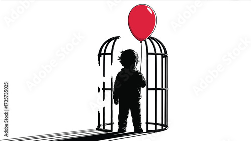 A child's silhouette stands in a broken cage with a single red balloon, representing freedom, hope, and breaking free from confinement