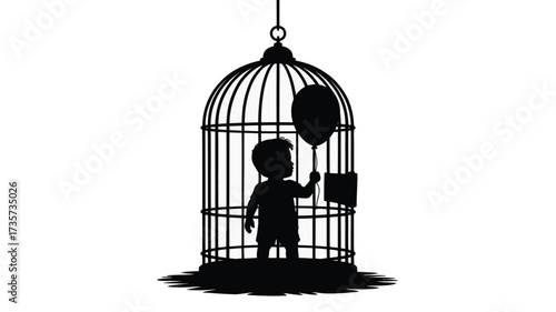 Sad child silhouette trapped in birdcage holding a balloon symbolizes restriction, loss of freedom, and childhood dreams, perfect for poignant storytelling