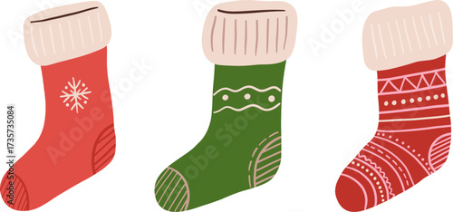 Set of cartoon vintage Christmas stocking vector illustration. Xmas socks clipart. Winter holiday decoration