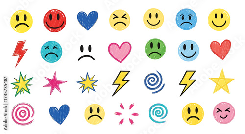 A collection of colorful hand-drawn style icons including hearts, stars, lightning bolts, and smiley faces.