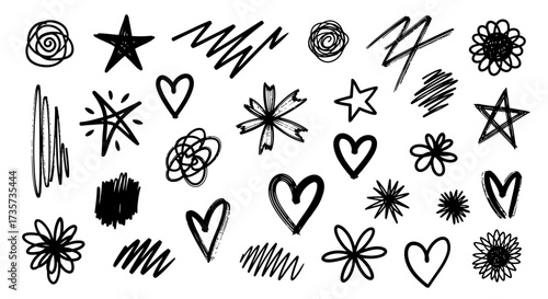 A collection of hand-drawn doodle elements including stars, hearts, flowers, and abstract scribbles.