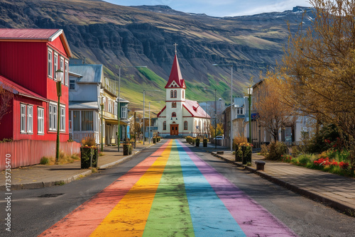 Fototapeta Naklejka Na Ścianę i Meble -  Rainbow-painted street in small town