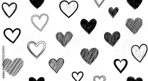 Seamless pattern of hand-drawn black and white hearts in various doodle and sketch styles on a white background.