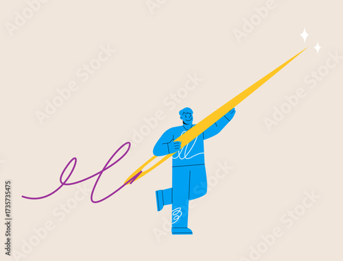 Man holding big big sewing needle. Colorful vector illustration