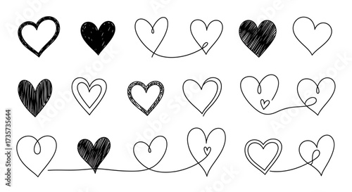 Collection of various hand-drawn heart shapes, featuring different styles and outlines, perfect for design.