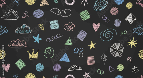 Colorful hand-drawn doodles and abstract shapes on a dark chalkboard-like background, featuring a variety of playful elements like stars, hearts, clouds, and geometric forms.