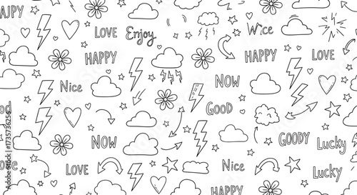 Seamless pattern with hand drawn elements: clouds, stars, hearts, flowers, and positive words.
