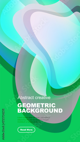 Abstract fluid shapes overlap, creating vibrant green, blue hues. Dark background contrasts bright forms. Text reads geometric background.