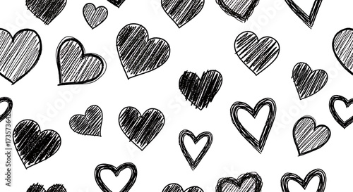 Seamless pattern of hand-drawn black hearts with a scribbled, sketchy texture on a white background, symbolizing love and affection.