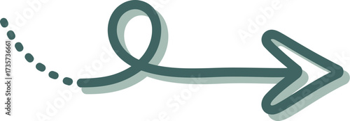 Whimsical teal arrow with dotted start and curly cue direction