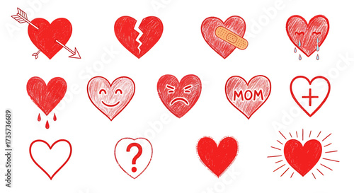 A collection of hand-drawn red heart illustrations depicting various emotions and states, including love, sadness, and healing.