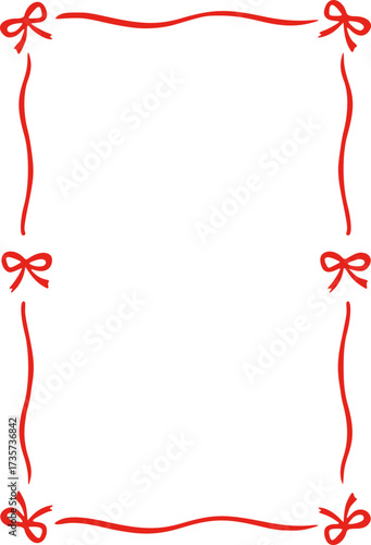 Rectangle red ribbon bow frame. Hand drawn aesthetic vertical border. Whimsical vector illustration. Trendy art for Christmas, Valentines day, birthday, menu, bachelorette party design line art.